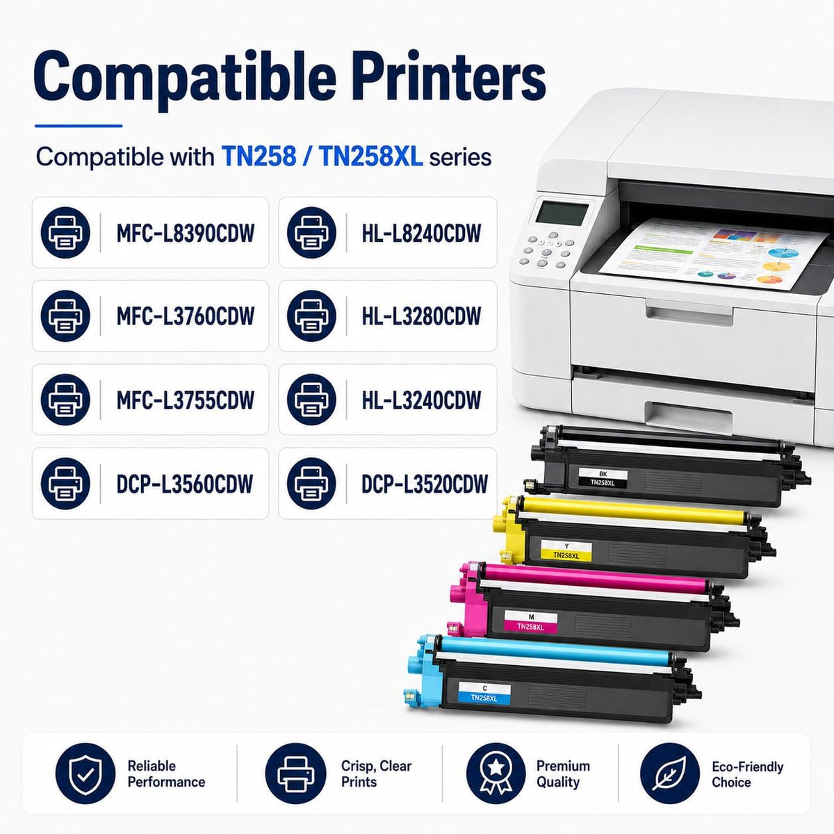 TAVICE TN258/TN258XL 4-Pack Toner Cartridge Compatible with Brother MFC-L8390CDW/L3760CDW - Office Catch