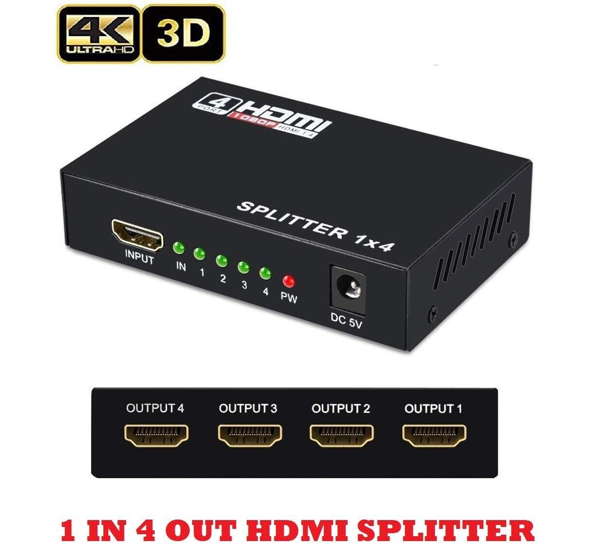 1 In 4 Out HDMI Splitter Amplifier Duplicator Full HD 1080p 2K 4K 3D V1.4 DVD - Office Catch