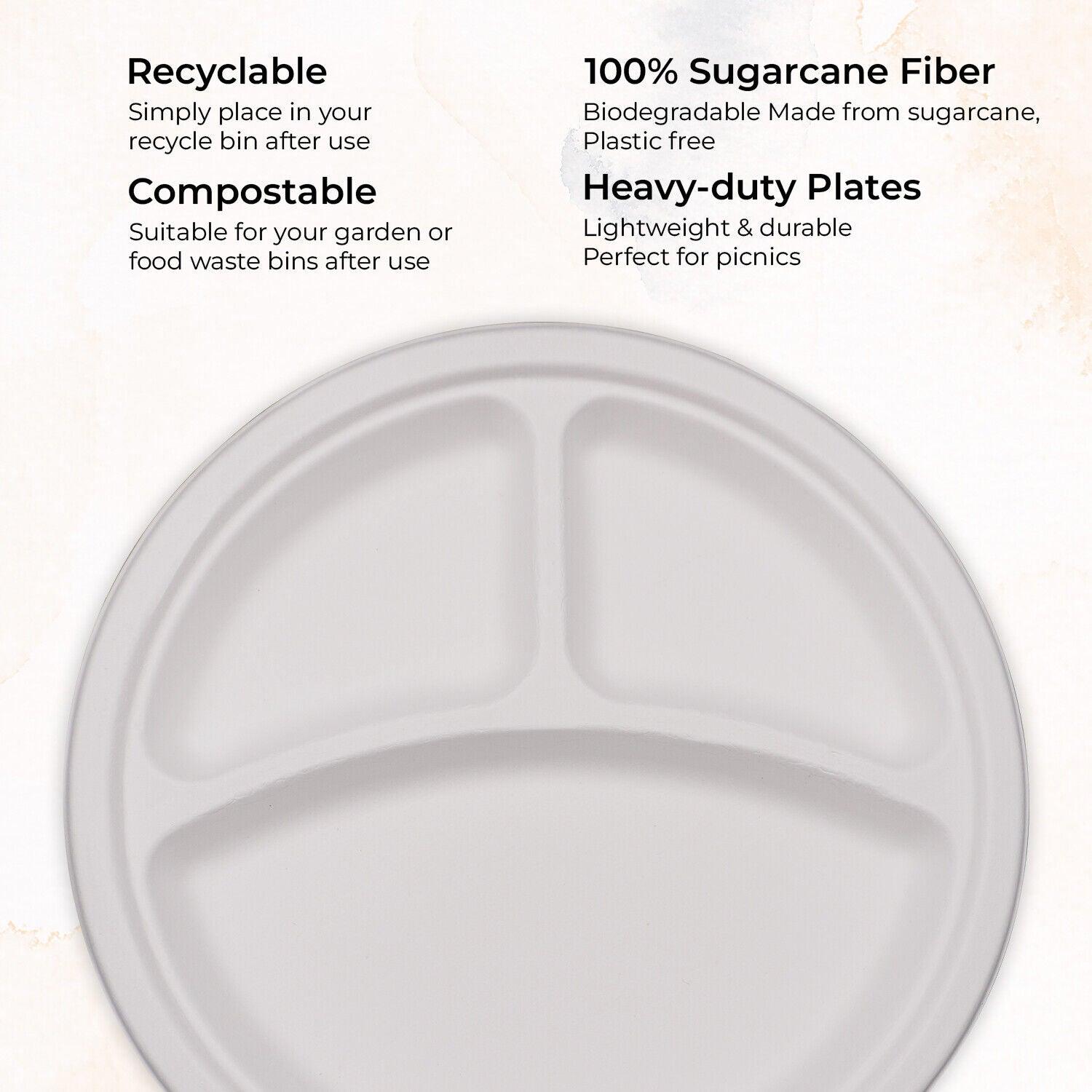 125 Pack | Strong Disposable Bagasse Plates White Round 3 Compartment Plate Party Catering - Office Catch