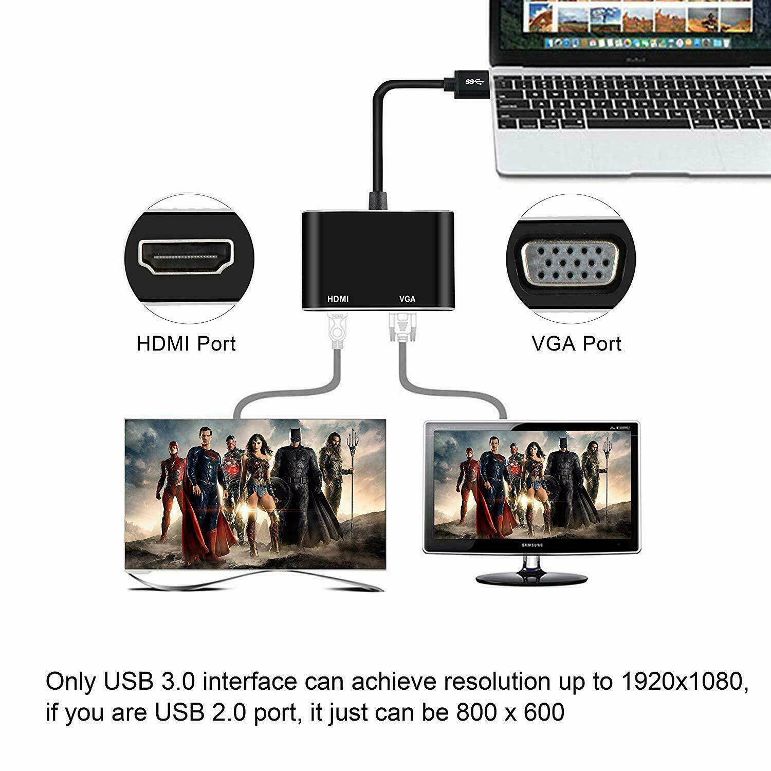 2 IN 1 USB 3.0 to HDMI + VGA Full HD 1080p Video Adapter Cable Converter Desktop or laptop computer - Office Catch