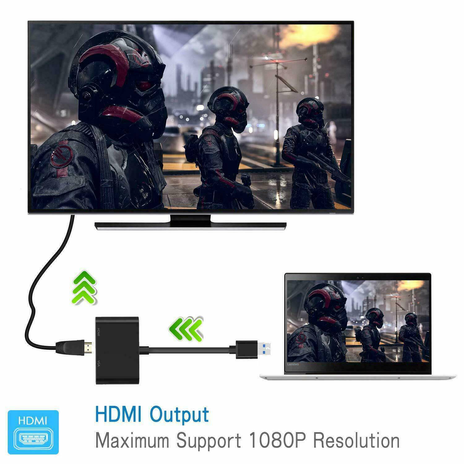 2 IN 1 USB 3.0 to HDMI + VGA Full HD 1080p Video Adapter Cable Converter Desktop or laptop computer - Office Catch