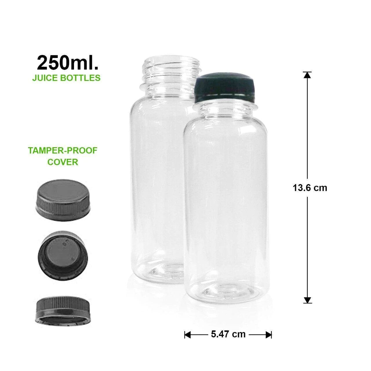 20 Pack | 250ml Clear Bottles Round PET With Black Lids Tamper Evident - Office Catch