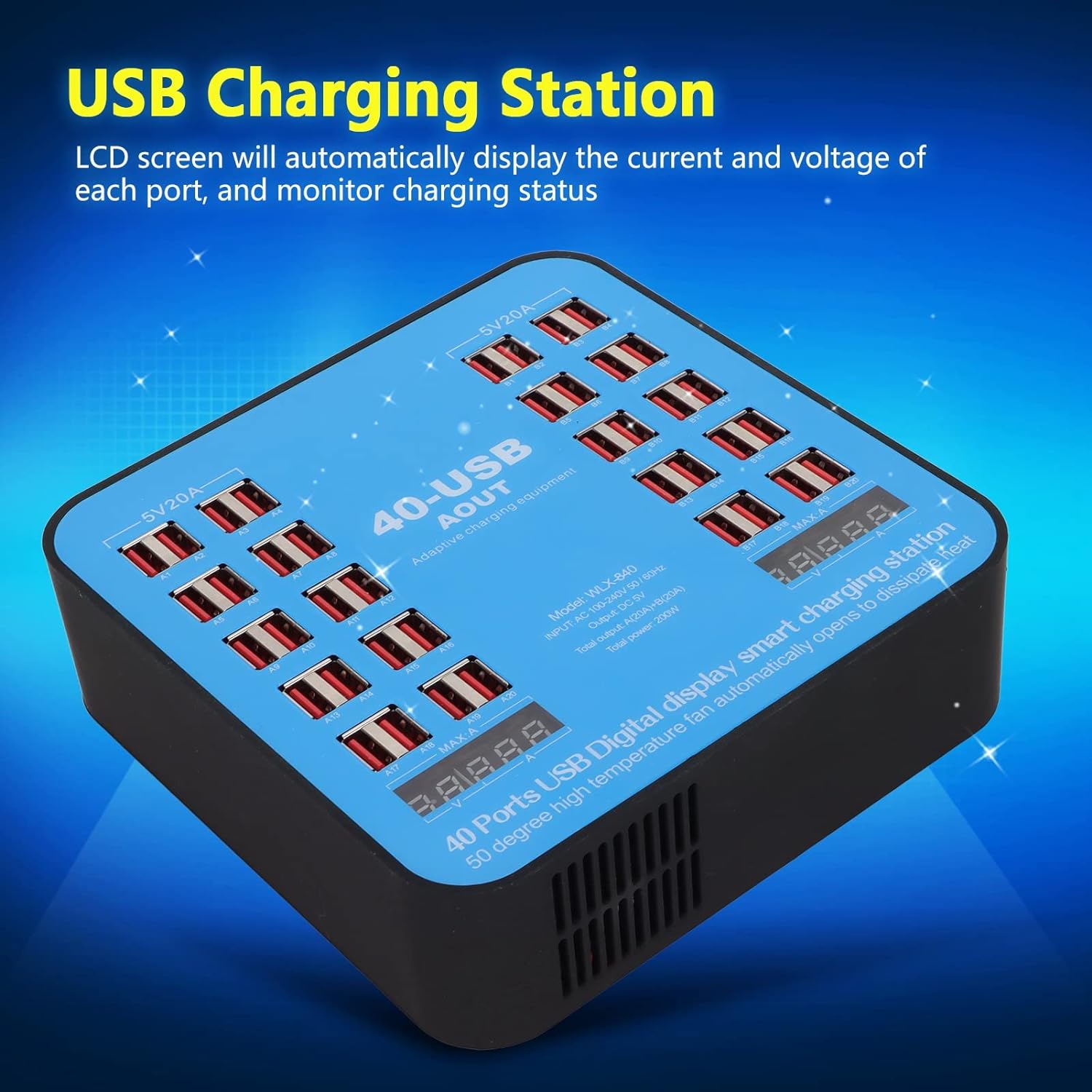200W Universal Multiport Charging Station with 40 Ports, LCD Digital Display for Current and Voltage, Complete with Organizer Stand - Office Catch