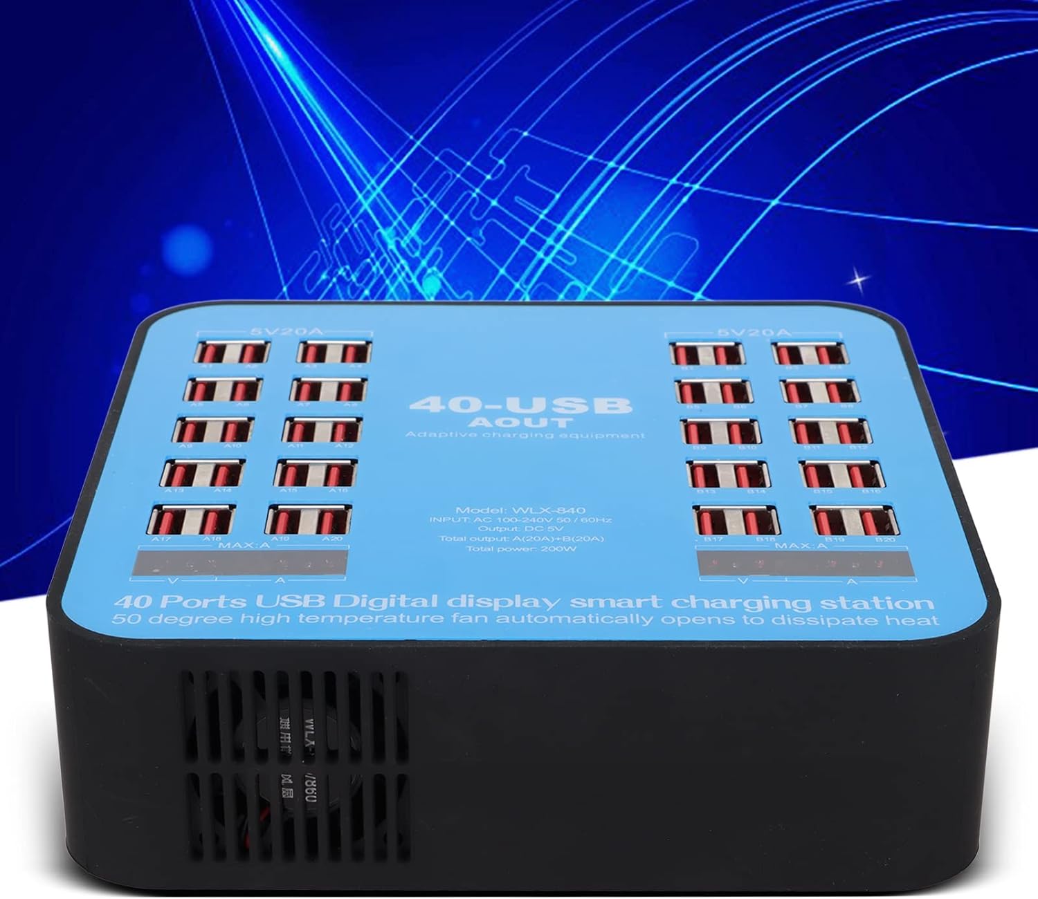 200W Universal Multiport Charging Station with 40 Ports, LCD Digital Display for Current and Voltage, Complete with Organizer Stand - Office Catch