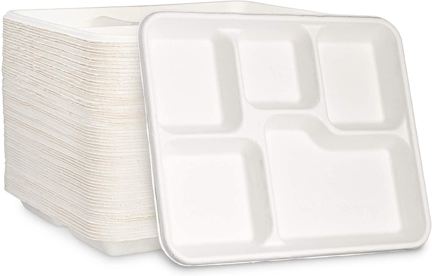 500 Pack |100% Compostable Natural Plant Fiber 5-Compartment Tray - Office Catch