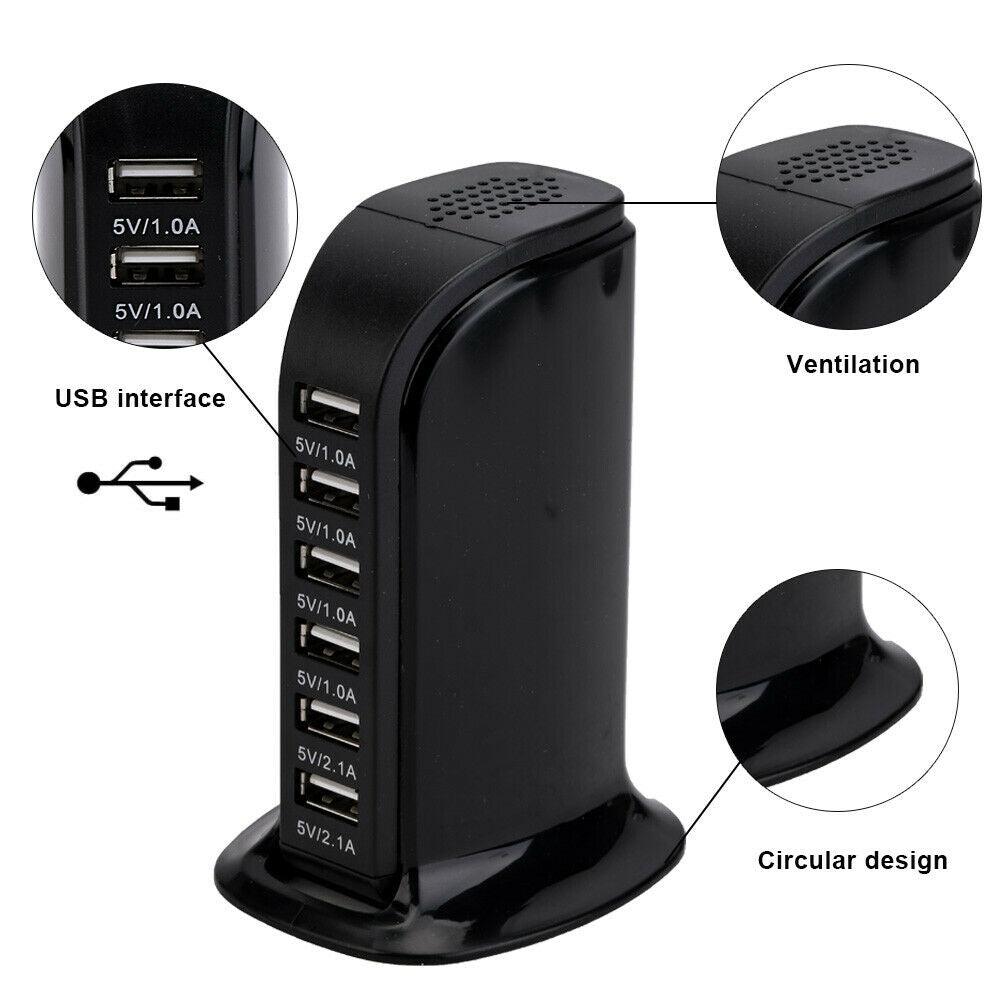 6 Multi USB Port Adapter Desktop Charger Rapid Tower Charging Station Power  30W