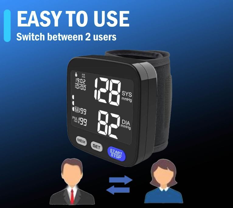 Digital Wrist Blood Pressure Monitor BP Machine Large cuff Wireless Black Memory - Office Catch