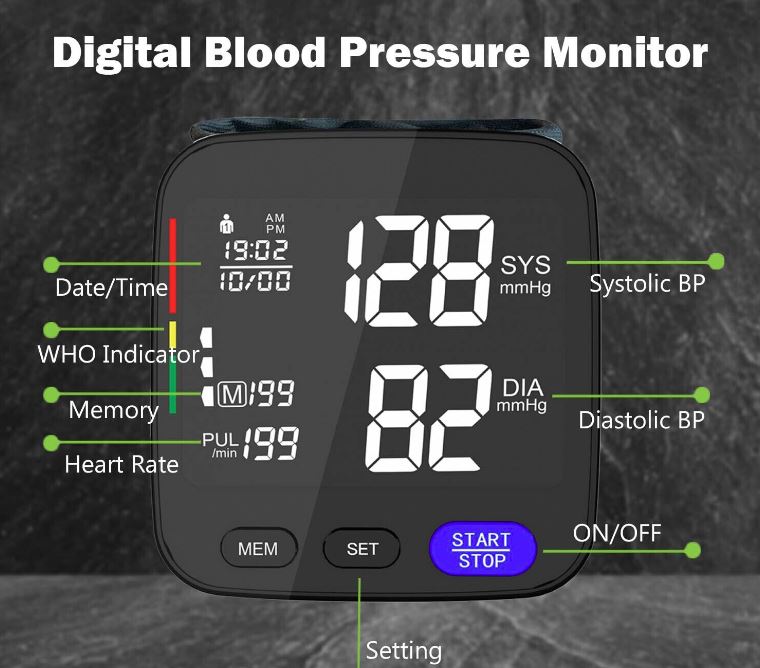 Digital Wrist Blood Pressure Monitor BP Machine Large cuff Wireless Black Memory - Office Catch