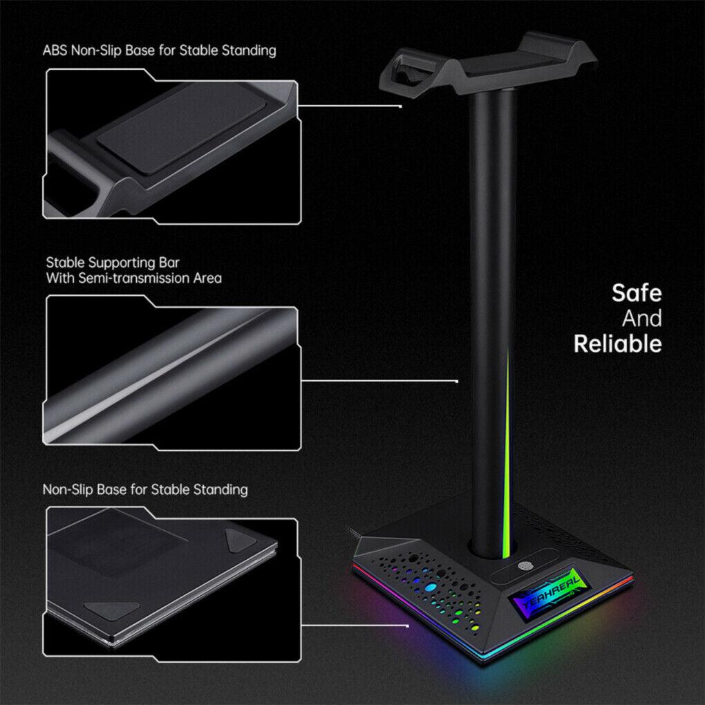 Gaming Headset Stand with 3.5mm 2 USB Ports RGB Non-slip Headphones Holder - Office Catch