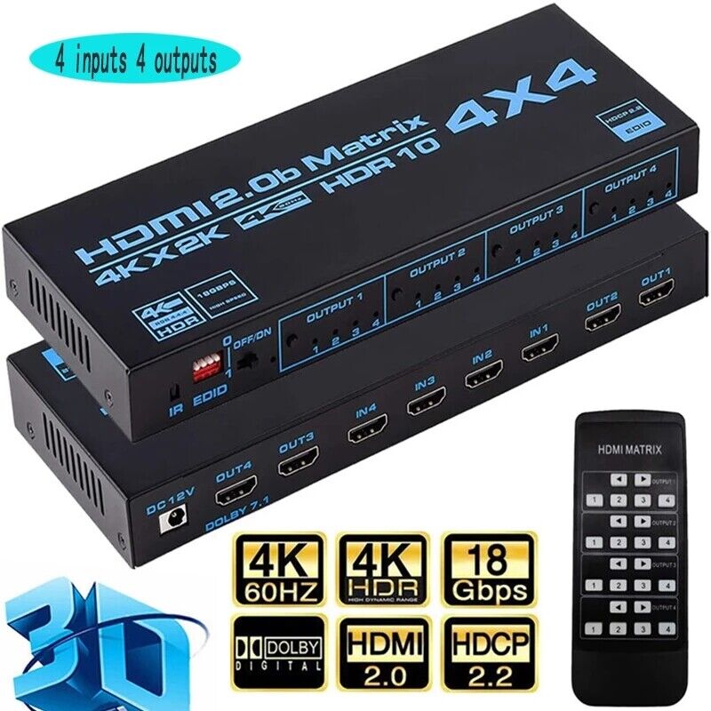 HDMI Matrix Switch 4x4, 4 In 4 Out 4K with EDID Extractor IR Remote Control - Office Catch