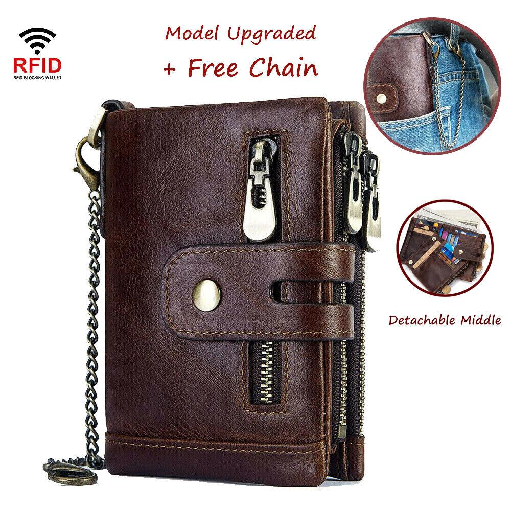 Men's RFID Blocking Wallet Leather Purse Card Slots Coins Holder with Chain - Office Catch