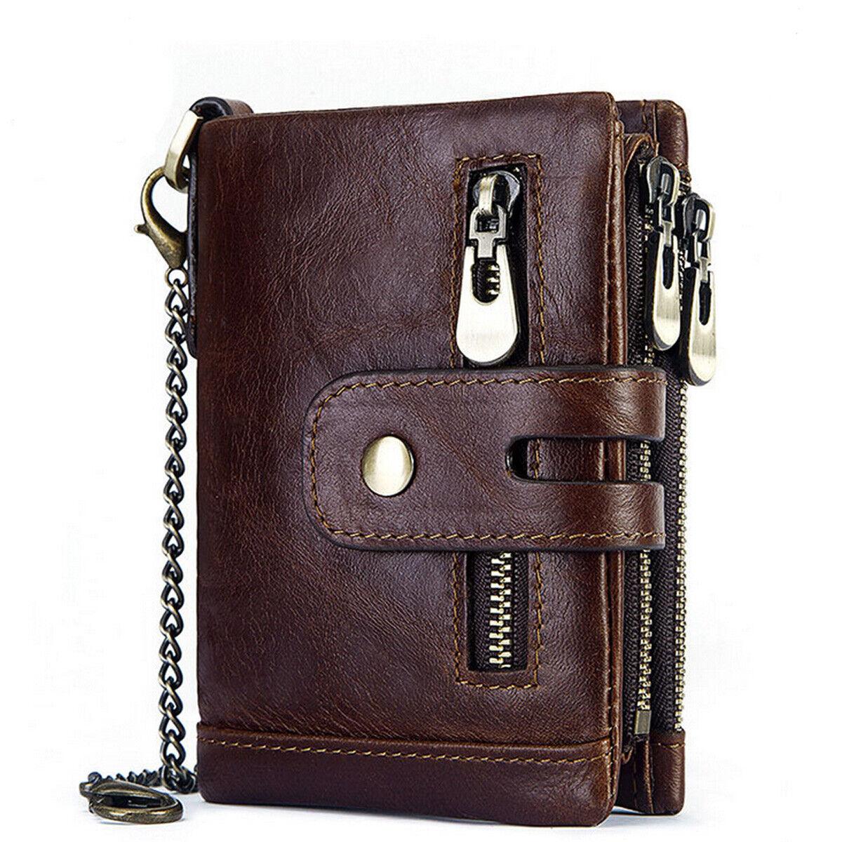 Men's RFID Blocking Wallet Leather Purse Card Slots Coins Holder with Chain - Office Catch