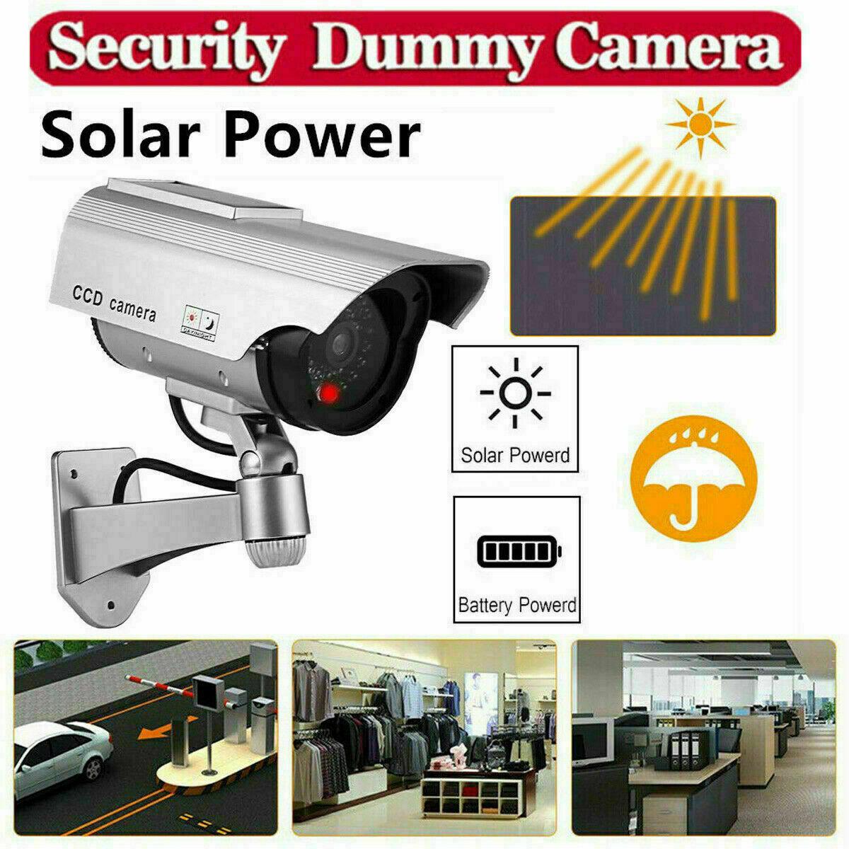 Solar Powered Dummy Security Camera, Bullet Fake Surveillance System with Realistic Red Flashing Lights and Warning Sticker Indoor Outdoor - Office Catch