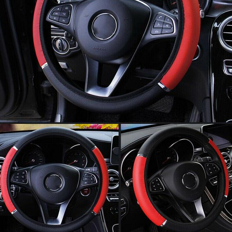 Steering Wheel Cover Red Black Leather Pattern 15" 38cm - Office Catch