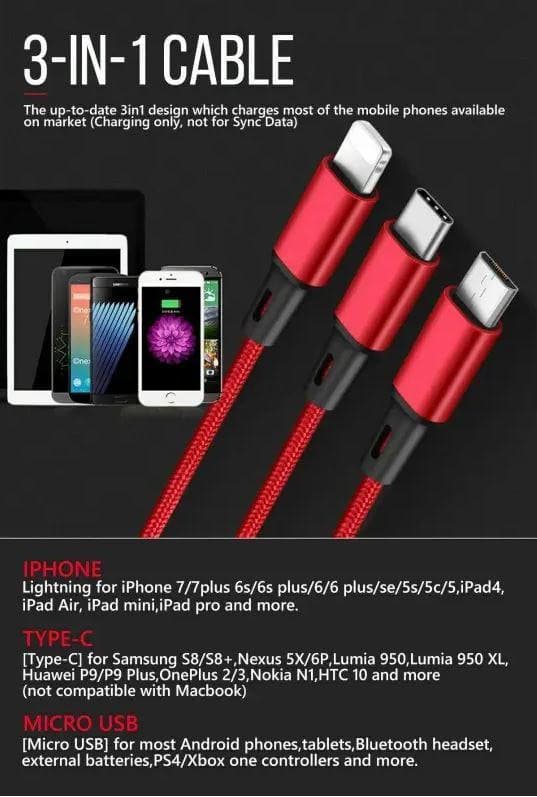 USB Multi Charging Cable USB to Type C/Micro USB 3 in 1 Universal Charger for Smartphones and Tablets - Office Catch